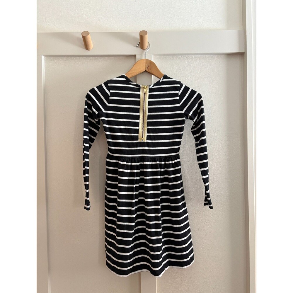 Hanna Andersson Long Sleeve Black White Stripe Dress Girls 130 US 7/8 zipper